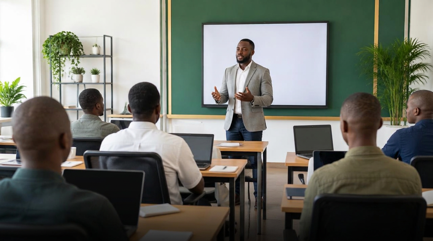 Formateur africain enseignant à un groupe de jeunes adultes dans une salle de formation moderne avec ordinateurs portables