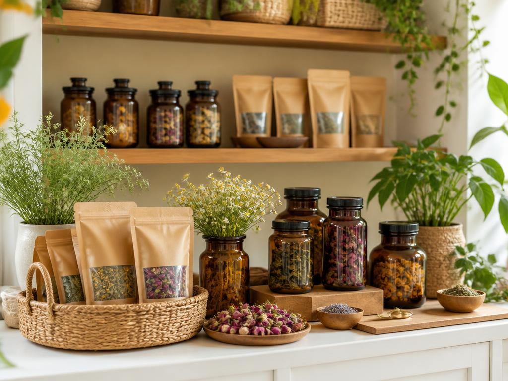 Étagère de produits naturels : sachets de plantes, bocaux et panier en osier