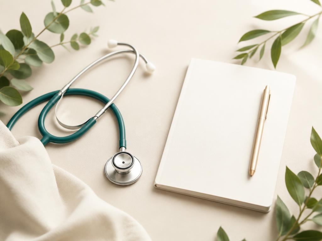 Stéthoscope et feuillage vert sur fond crème, symbole de santé et de prévention