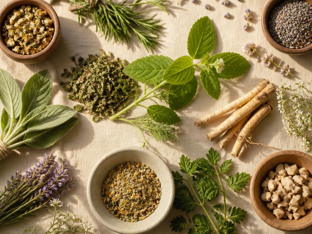 Feuilles fraîches, herbes séchées et racines médicinales disposées sur un tissu beige