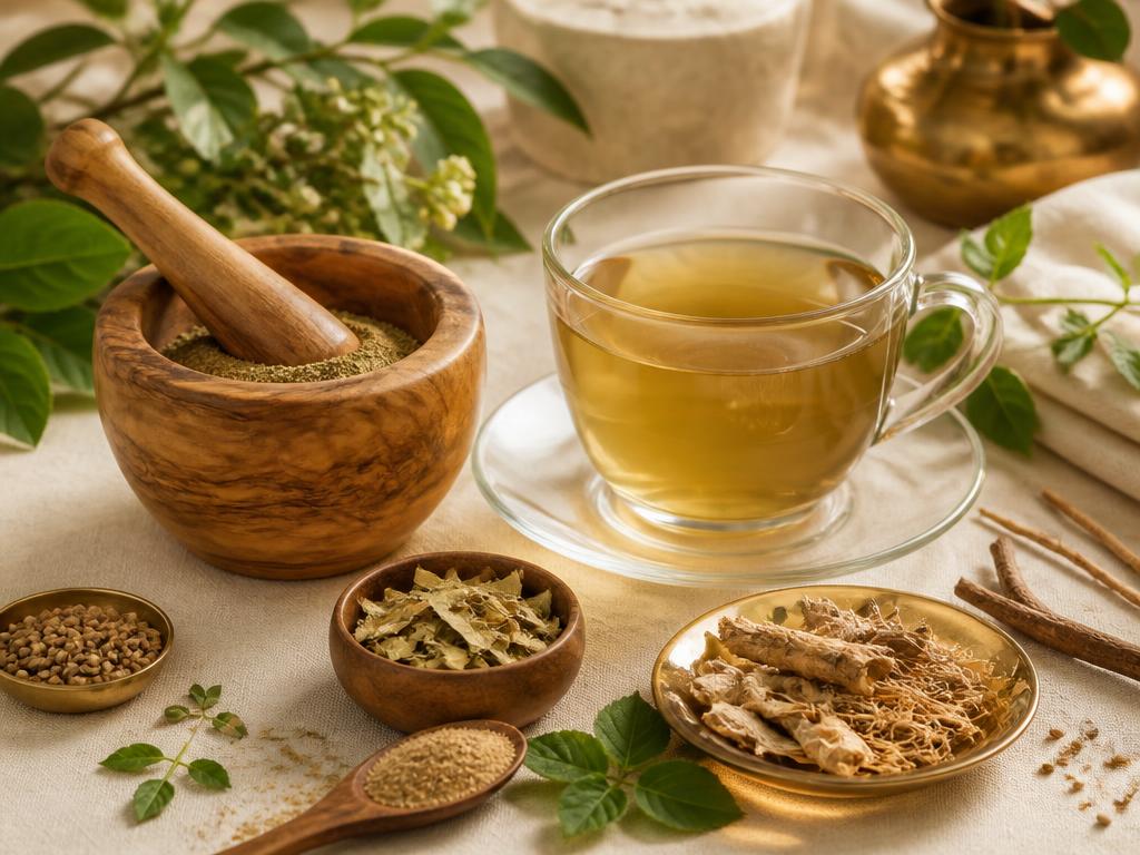 Mortier en bois, poudre de plantes et tasse d'infusion naturelle
