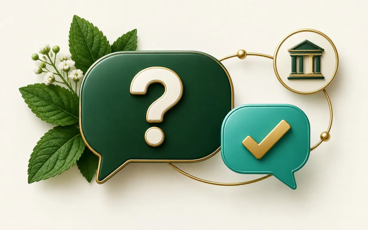 Bulles de question et de réponse entourées de feuilles médicinales